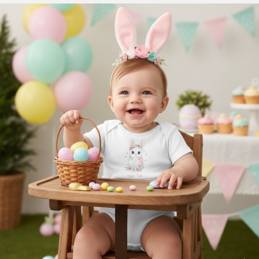 Cute Watercolor Baby Bunny & Pastel Easter Egg  ベビーボディスーツ