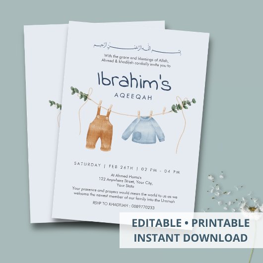 Cute Watercolor Baby Clothes Laundry Line Aqiqah 招待状