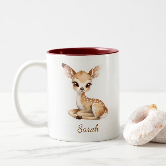 Cute Watercolor Baby Deer Personalized Mug w. Name ツートーンマグカップ (ドーナツ)