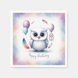 Cute Watercolor Baby Owl Balloons Birthday  スタンダードカクテルナプキン