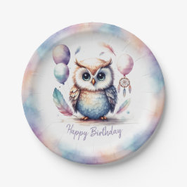 Cute Watercolor Baby Owl Balloons Birthday  ペーパープレート