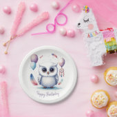 Cute Watercolor Baby Owl Balloons Birthday ペーパープレート (パーティー)