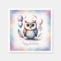 Cute Watercolor Baby Owl Balloons Birthday  Paper