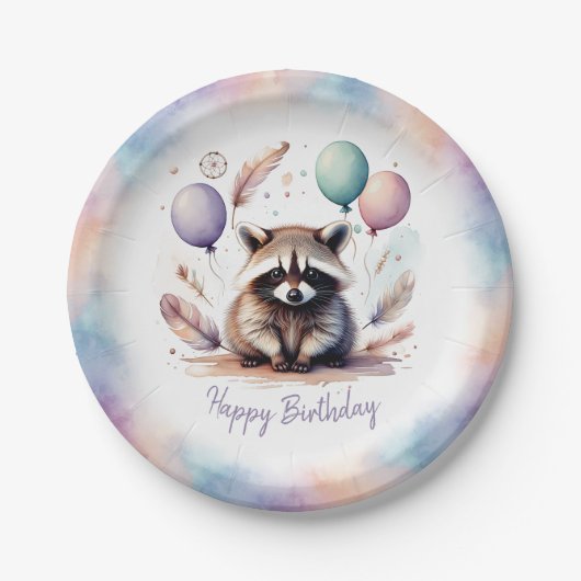 Cute Watercolor Baby Raccoon Balloons Birthday  ペーパープレート (正面)