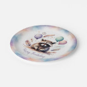 Cute Watercolor Baby Raccoon Balloons Birthday  ペーパープレート (アングル)