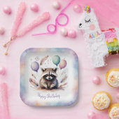 Cute Watercolor Baby Raccoon Balloons Birthday  ペーパープレート (パーティー)