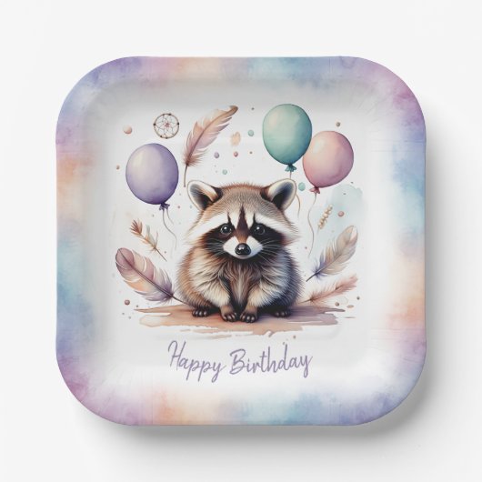Cute Watercolor Baby Raccoon Balloons Birthday  ペーパープレート (正面)