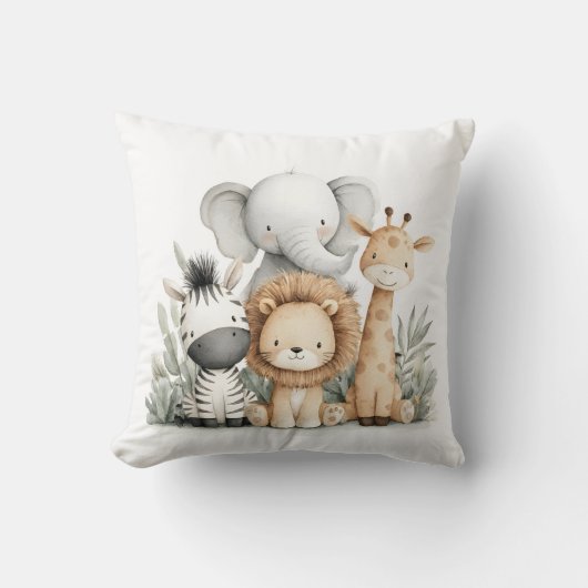 Cute Watercolor Baby Safari Animals Group Print クッション (正面)