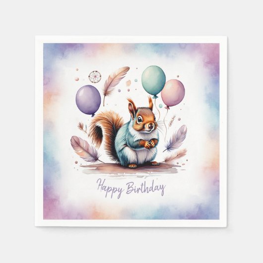 Cute Watercolor Baby Squirrel Balloons Birthday  スタンダードカクテルナプキン (正面)