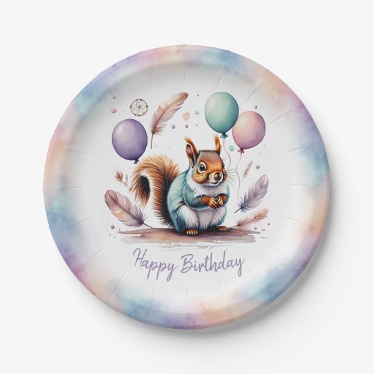 Cute Watercolor Baby Squirrel Balloons Birthday ペーパープレート (正面)