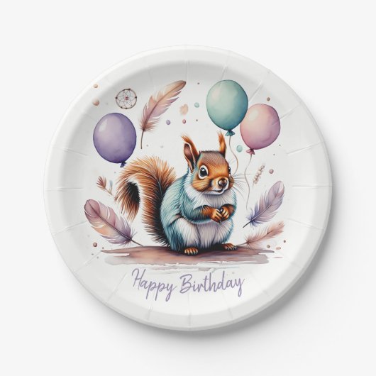 Cute Watercolor Baby Squirrel Balloons Birthday  ペーパープレート (正面)