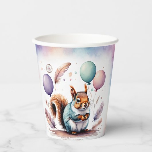 Cute Watercolor Baby Squirrel Balloons Birthday  紙コップ (正面)