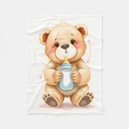Cute Watercolor Baby Teddy Bear Illustration  フリースブランケット (正面)