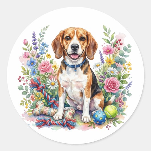 Cute Watercolor Beagle in Flowers ラウンドシール (正面)