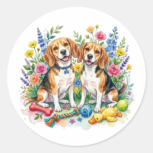 Cute Watercolor Beagles ラウンドシール (正面)