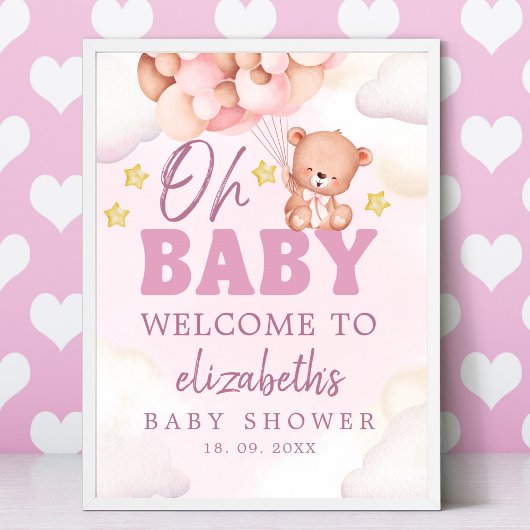 Cute Watercolor Bear Baby Shower Girl ポスター