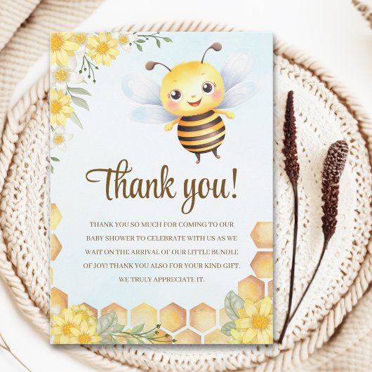 Cute Watercolor Bee Baby Shower サンキューカード