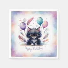 Cute Watercolor Black Kitten Balloons Birthday 