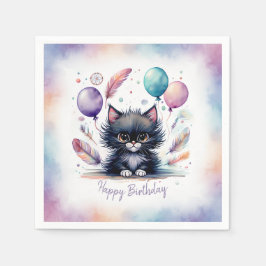 Cute Watercolor Black Kitten Balloons Birthday  スタンダードカクテルナプキン