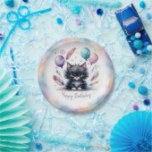 Cute Watercolor Black Kitten Balloons Birthday  ペーパープレート (パーティー)