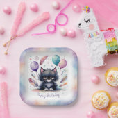 Cute Watercolor Black Kitten Balloons Birthday ペーパープレート (パーティー)