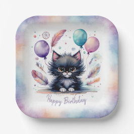 Cute Watercolor Black Kitten Balloons Birthday  ペーパープレート