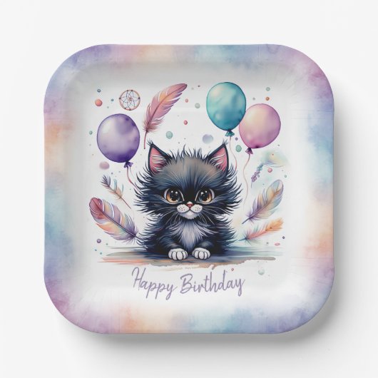 Cute Watercolor Black Kitten Balloons Birthday ペーパープレート (正面)