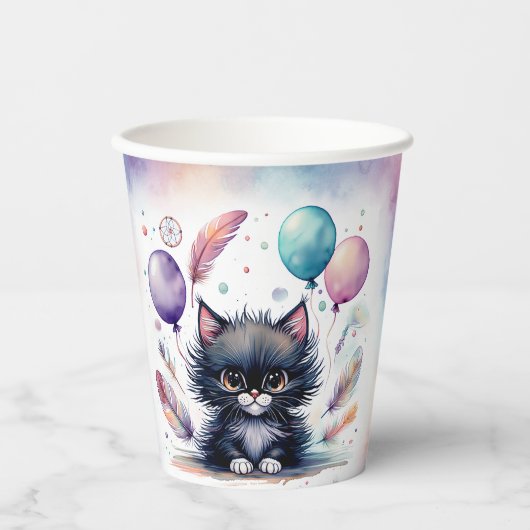 Cute Watercolor Black Kitten Balloons Birthday  紙コップ (正面)