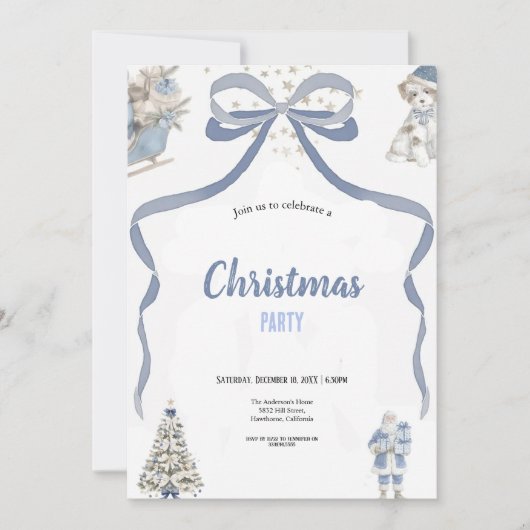 Cute watercolor blue and grey christmas party  招待状 (正面)