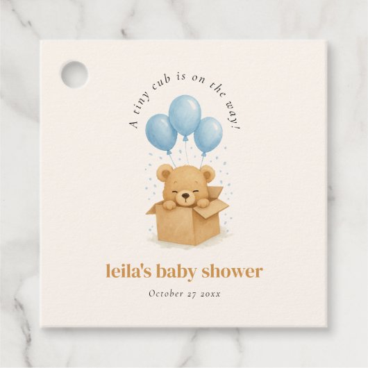 Cute Watercolor Blue Balloon Bear Baby Shower フェイバータグ (正面)
