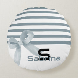 Cute Watercolor Blue Bow Stripes Round Pillow ラウンドクッション