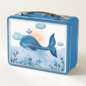 Cute Watercolor Blue Whale and Ocean Waves メタルランチボックス (裏面)