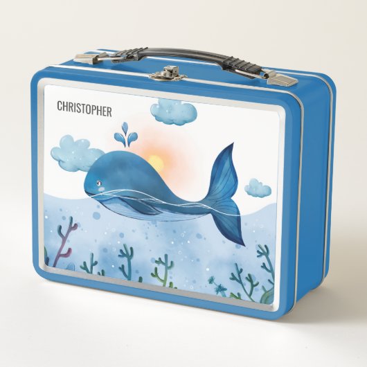 Cute Watercolor Blue Whale and Ocean Waves メタルランチボックス (正面)