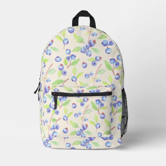 Cute Watercolor Blueberry Botanical Pattern プリントバックパック (正面)