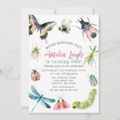 Cute Watercolor Bugs & Insects Girl 1st Birthday 招待状 (正面)