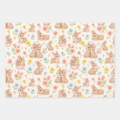 Cute Watercolor Bunnies & Flowers Pattern ラッピングペーパーシート (正面3)