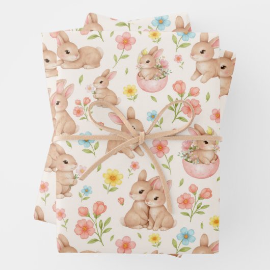 Cute Watercolor Bunnies & Flowers Pattern ラッピングペーパーシート (インサイチュ)