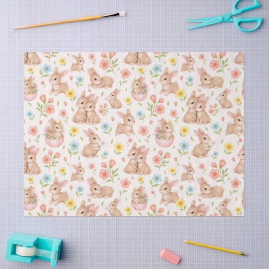 Cute Watercolor Bunnies & Flowers Pattern 薄葉紙 (クラフト)