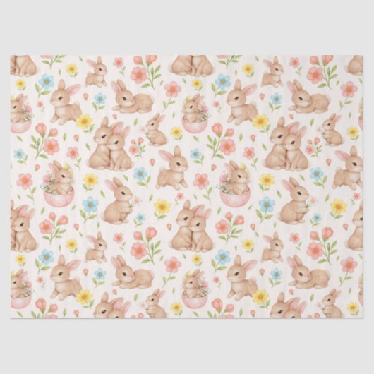Cute Watercolor Bunnies & Flowers Pattern 薄葉紙 (正面)