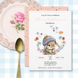 Cute Watercolor Bunny 1st Birthday Invitation 招待状