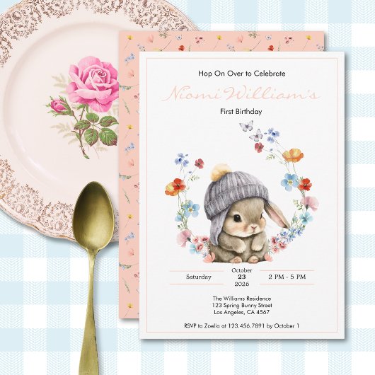Cute Watercolor Bunny 1st Birthday Invitation 招待状