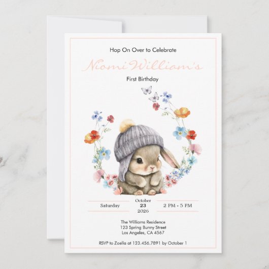 Cute Watercolor Bunny 1st Birthday Invitation 招待状 (正面)