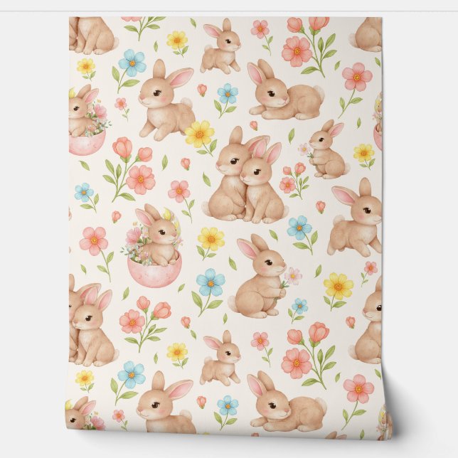Cute Watercolor Bunny & Floral Spring Pattern 壁紙 (ほどく)