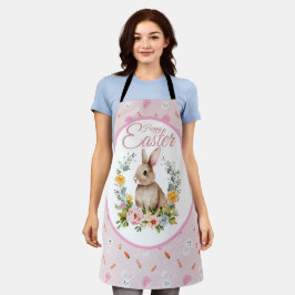 Cute Watercolor Bunny Floral Wreath Easter エプロン