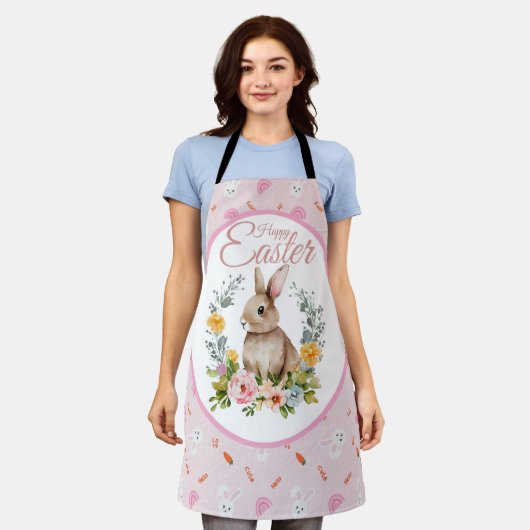 Cute Watercolor Bunny Floral Wreath Easter エプロン (着用した状態)