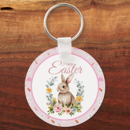 Cute Watercolor Bunny Floral Wreath Easter キーホルダー (正面)