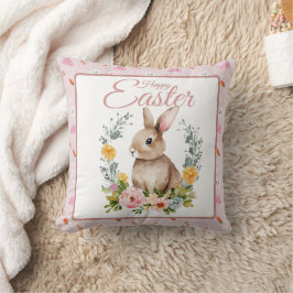 Cute Watercolor Bunny Floral Wreath Easter クッション