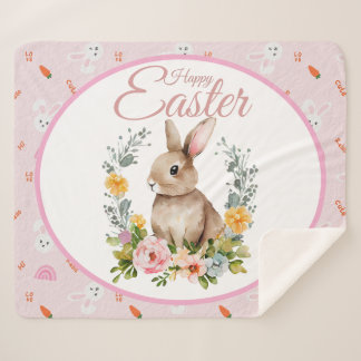 Cute Watercolor Bunny Floral Wreath Easter シェルパブランケット