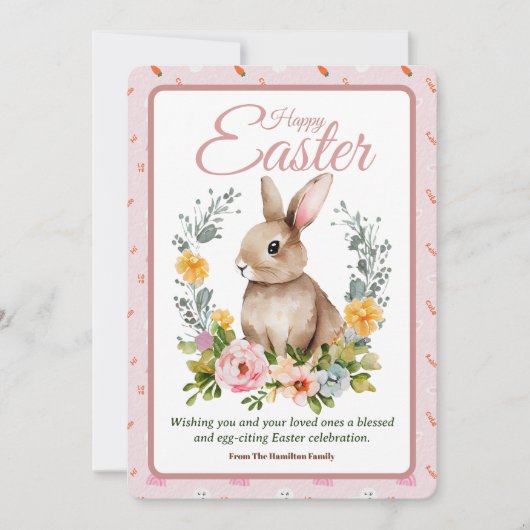 Cute Watercolor Bunny Floral Wreath Easter シーズンカード (正面)