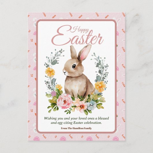 Cute Watercolor Bunny Floral Wreath Easter シーズンポストカード (正面)